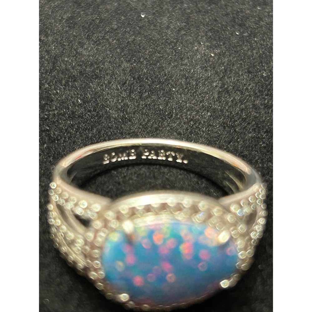 Bomb Party Blue Fire Opal Halo Split Shank Statement Ring Silver Tone Oval Stone - Picture 6 of 6